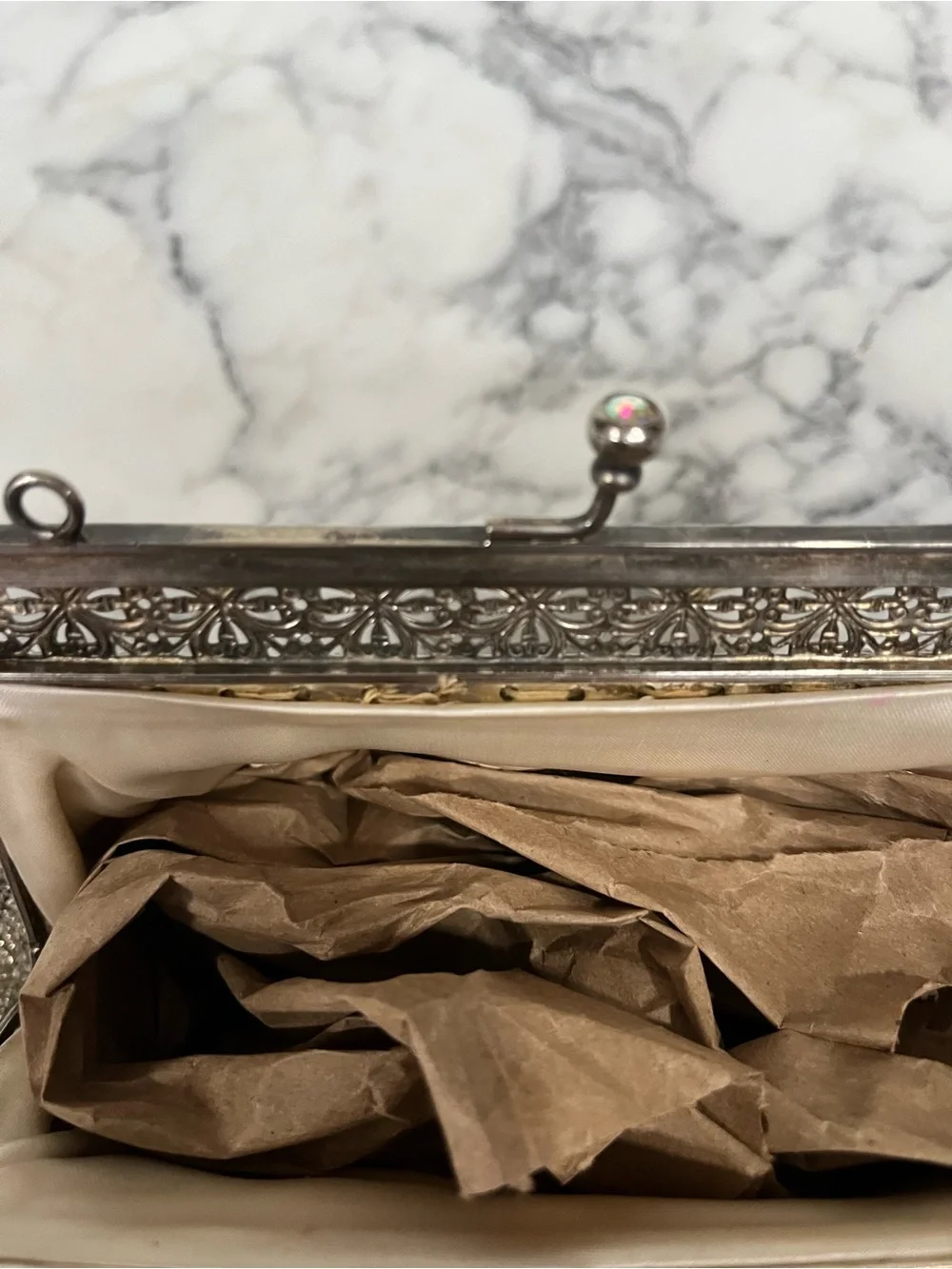 Vintage silver beaded evening clutch ornate filigree metal kissing lock clasp